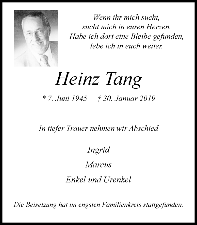  Traueranzeige für Heinz Tang vom 16.02.2019 aus Wochen-Anzeiger Langenfeld/Monheim/Hilden