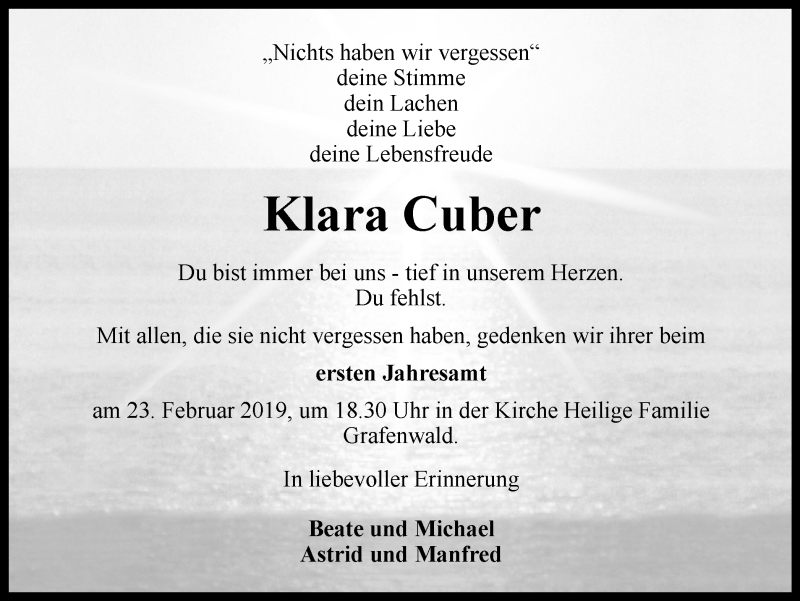  Traueranzeige für Klara Cuber vom 16.02.2019 aus Stadtspiegel Bottrop
