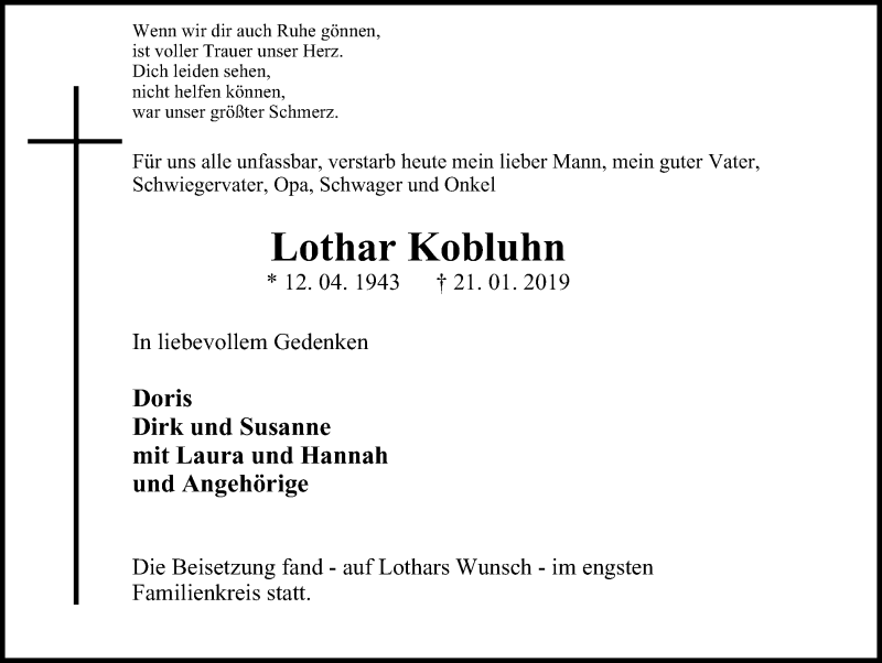  Traueranzeige für Lothar Kobluhn vom 02.02.2019 aus Wochen-Anzeiger Oberhausen