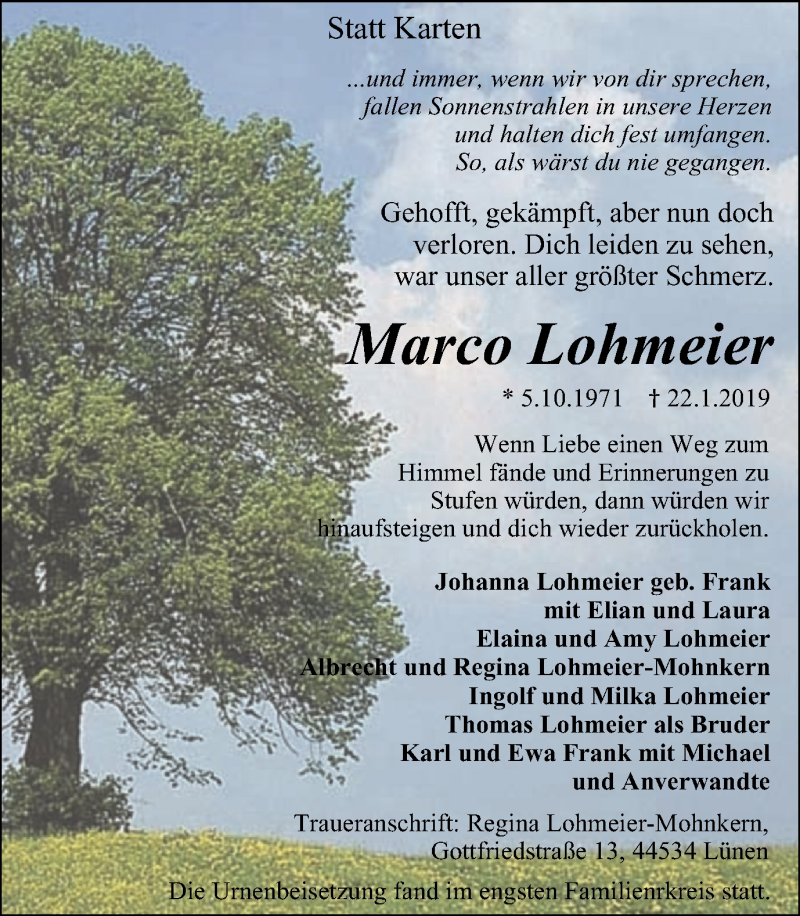  Traueranzeige für Marco Lohmeier vom 16.02.2019 aus Lüner Anzeiger