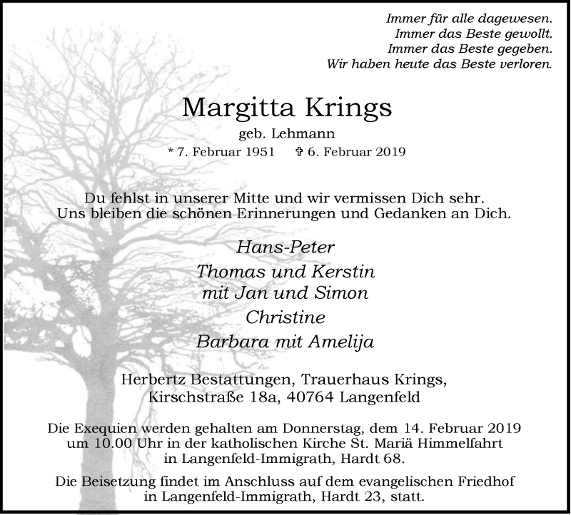 Traueranzeige für Margitta Krings vom 09.02.2019 aus Wochen-Anzeiger Langenfeld/Monheim/Hilden