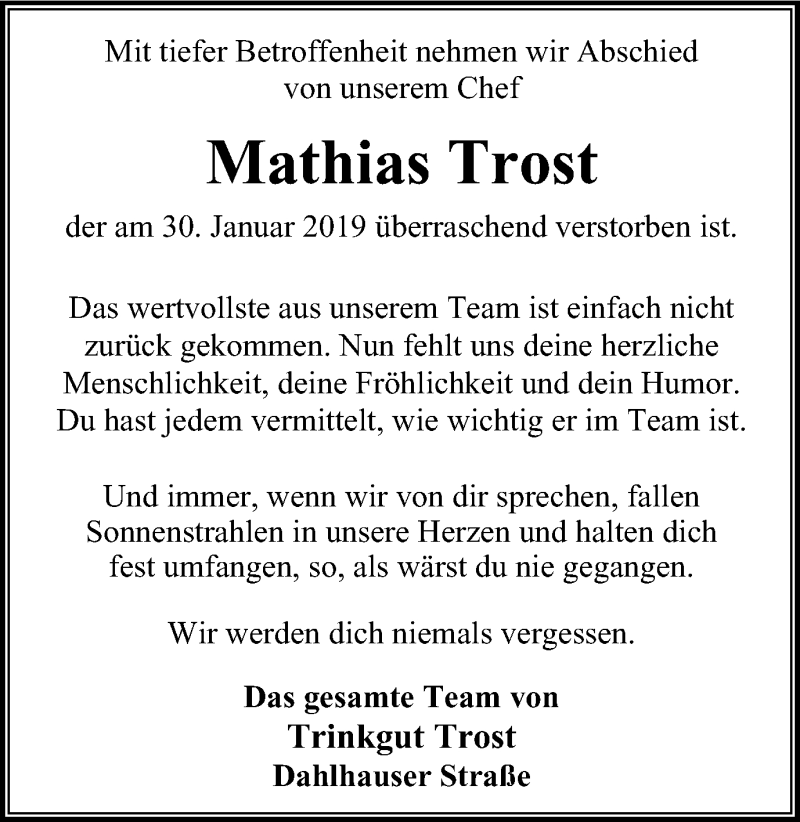  Traueranzeige für Mathias Trost vom 09.02.2019 aus Steeler Kurier