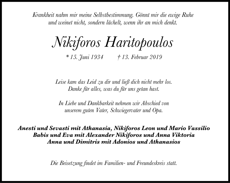  Traueranzeige für Nikiforos Haritopoulos vom 16.02.2019 aus Stadtanzeiger Velbert + Heiligenhaus