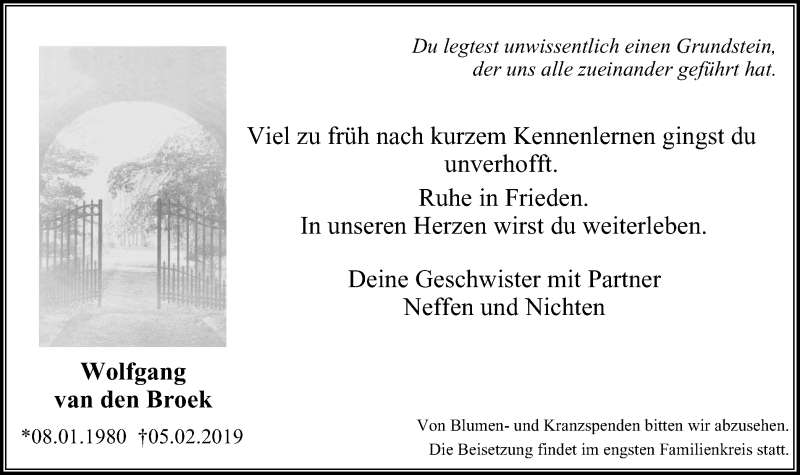  Traueranzeige für Wolfgang van den Broek vom 16.02.2019 aus Gocher Wochenblatt