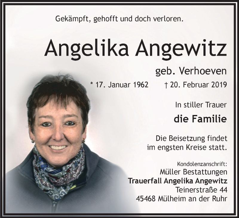  Traueranzeige für Angelika Angewitz vom 02.03.2019 aus Mülheimer Woche