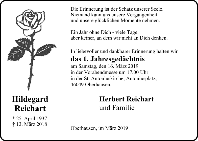  Traueranzeige für Hildegard Reichart vom 09.03.2019 aus Wochen-Anzeiger Oberhausen