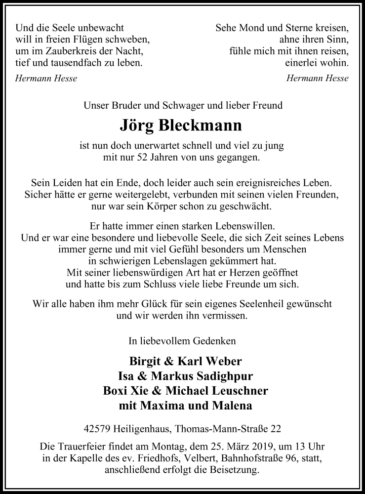 Traueranzeige für Jörg Bleckmann vom 23.03.2019 aus Stadtanzeiger Velbert + Heiligenhaus