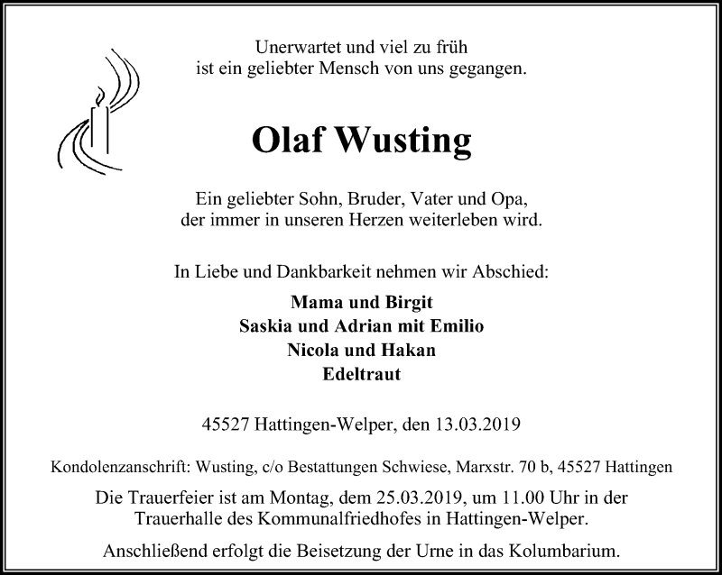  Traueranzeige für Olaf Wusting vom 20.03.2019 aus Stadtspiegel Hattingen/Niedersprockhövel