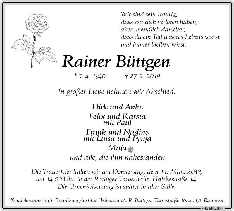  Traueranzeige für Rainer Büttgen vom 07.03.2019 aus WVW Anzeigenblätter