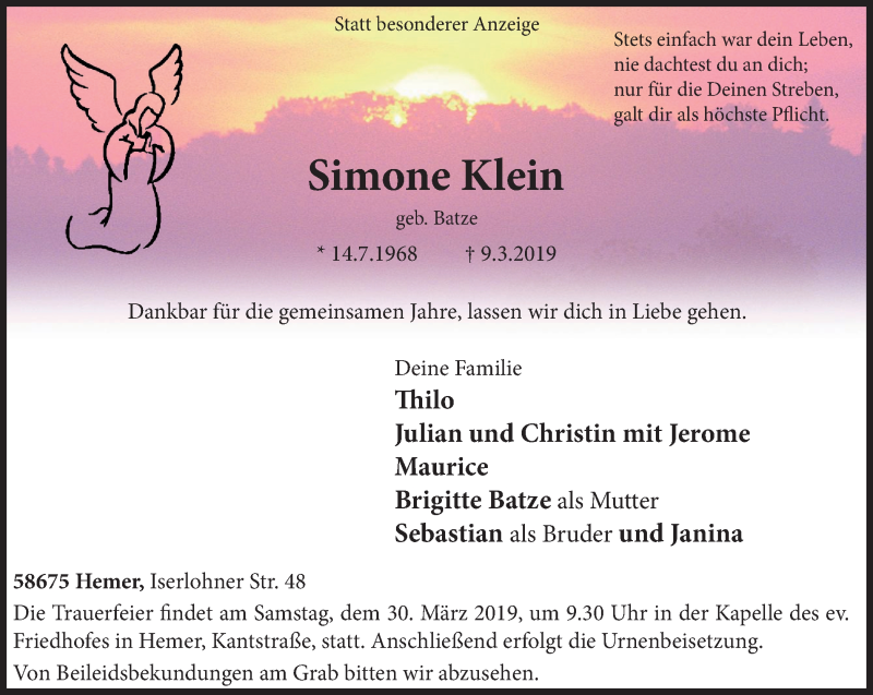  Traueranzeige für Simone Klein vom 23.03.2019 aus Stadtspiegel Iserlohn + Hemer