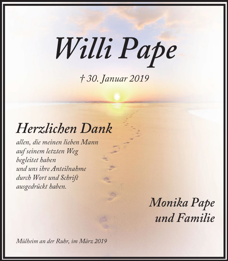  Traueranzeige für Willi Pape vom 09.03.2019 aus Mülheimer Woche