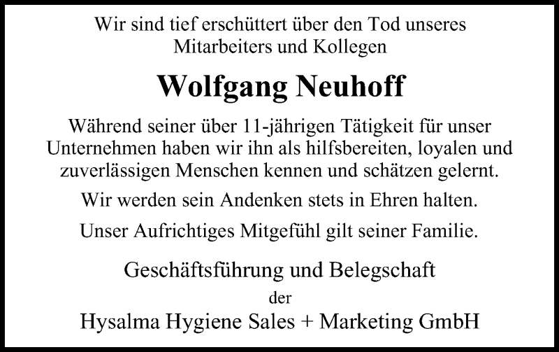  Traueranzeige für Wolfgang Neuhoff vom 06.03.2019 aus Wochen-Anzeiger Oberhausen