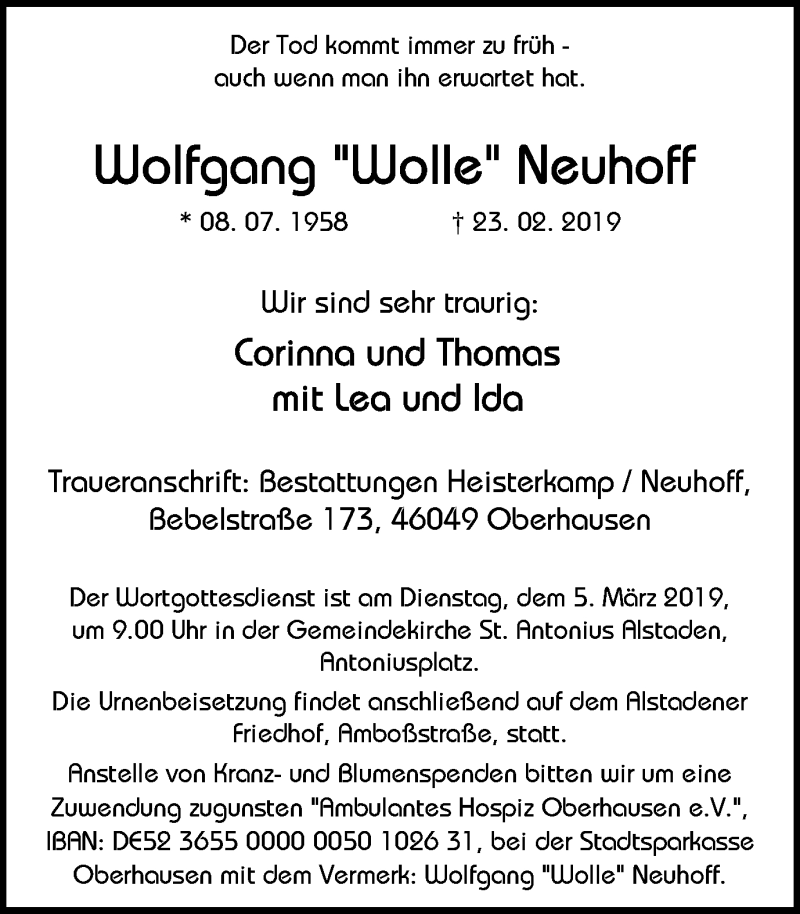  Traueranzeige für Wolfgang Neuhoff vom 02.03.2019 aus Wochen-Anzeiger Oberhausen