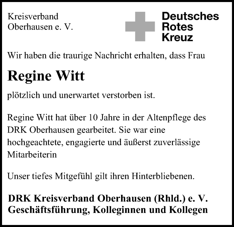  Traueranzeige für Regine Witt vom 06.04.2019 aus Wochen-Anzeiger Oberhausen