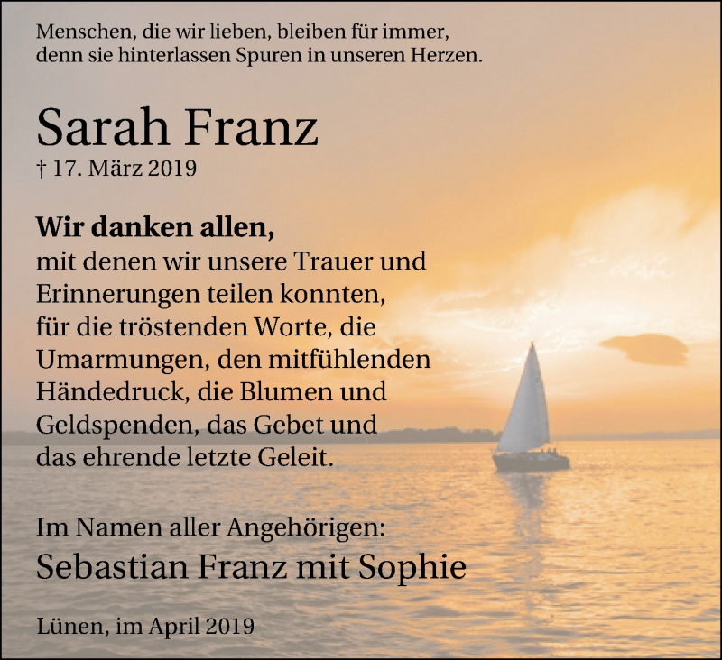  Traueranzeige für Sarah Franz vom 03.04.2019 aus Lüner Anzeiger