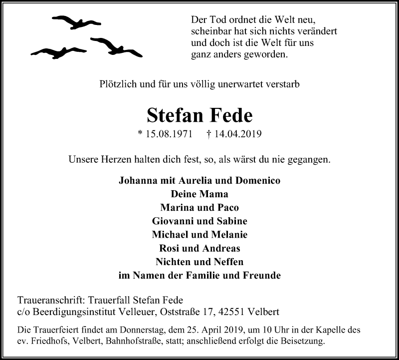  Traueranzeige für Stefan Fede vom 24.04.2019 aus Stadtanzeiger Velbert + Heiligenhaus