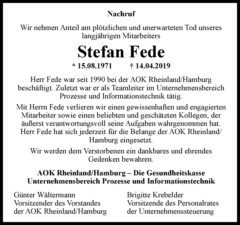  Traueranzeige für Stefan Fede vom 27.04.2019 aus Stadtanzeiger Velbert + Heiligenhaus