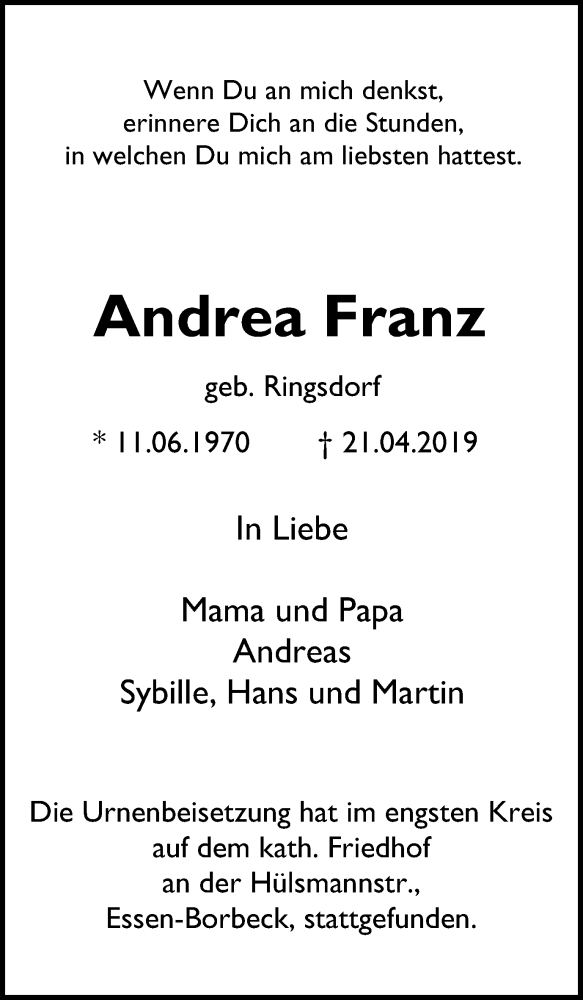  Traueranzeige für Andrea Franz vom 08.05.2019 aus Borbeck Kurier