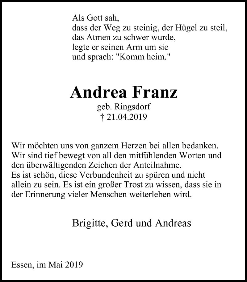  Traueranzeige für Andrea Franz vom 25.05.2019 aus Borbeck Kurier