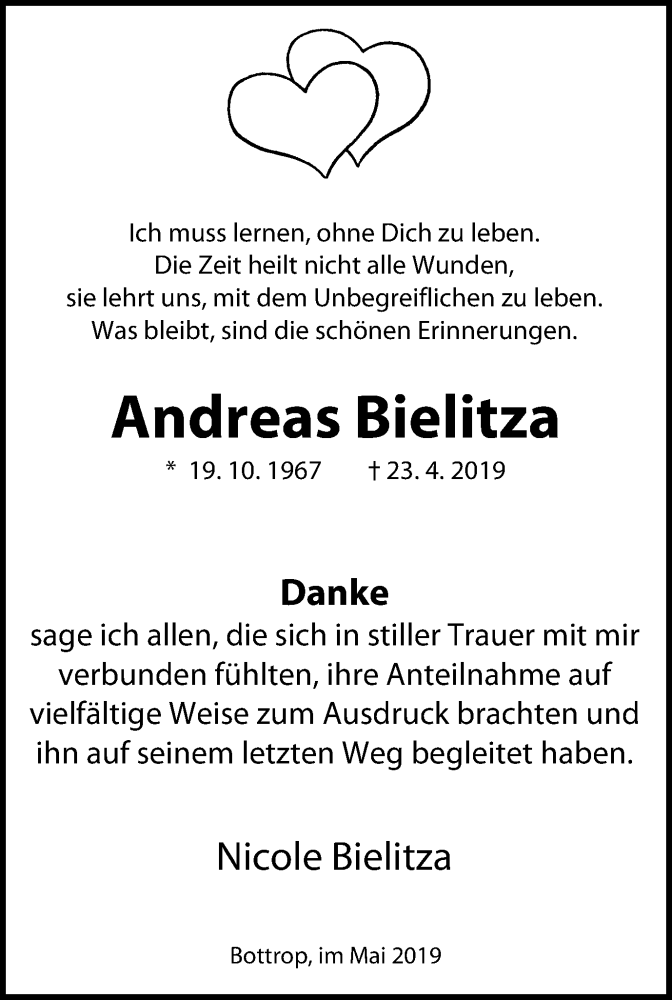  Traueranzeige für Andreas Bielitza vom 18.05.2019 aus Stadtspiegel Bottrop