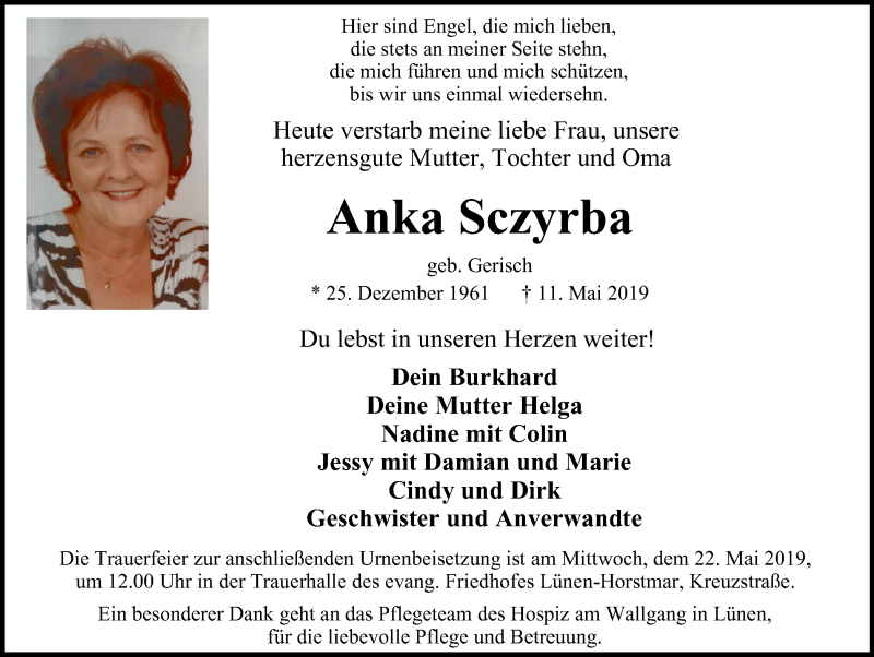  Traueranzeige für Anka Sczyrba vom 18.05.2019 aus Lüner Anzeiger