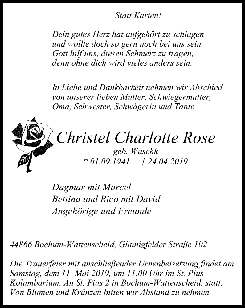  Traueranzeige für Christel Charlotte Rose vom 04.05.2019 aus Stadtspiegel Wattenscheid