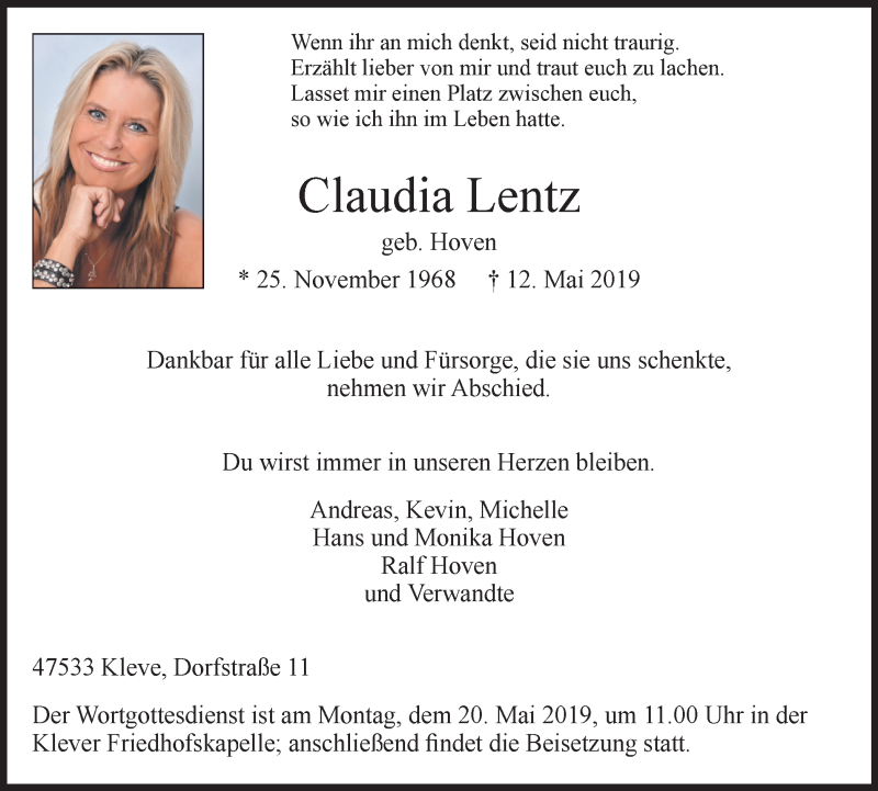  Traueranzeige für Claudia Lentz vom 18.05.2019 aus Klever Wochenblatt