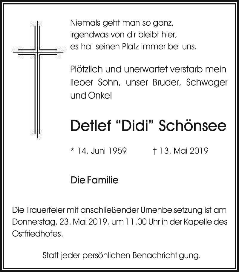  Traueranzeige für Detlef Schönsee vom 18.05.2019 aus Stadtspiegel Bottrop