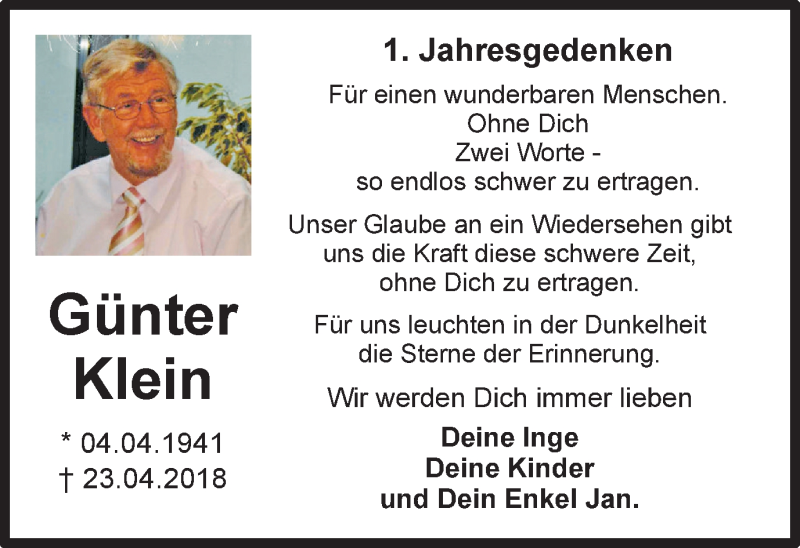  Traueranzeige für Günter Klein vom 20.04.2019 aus Stadtspiegel Bottrop