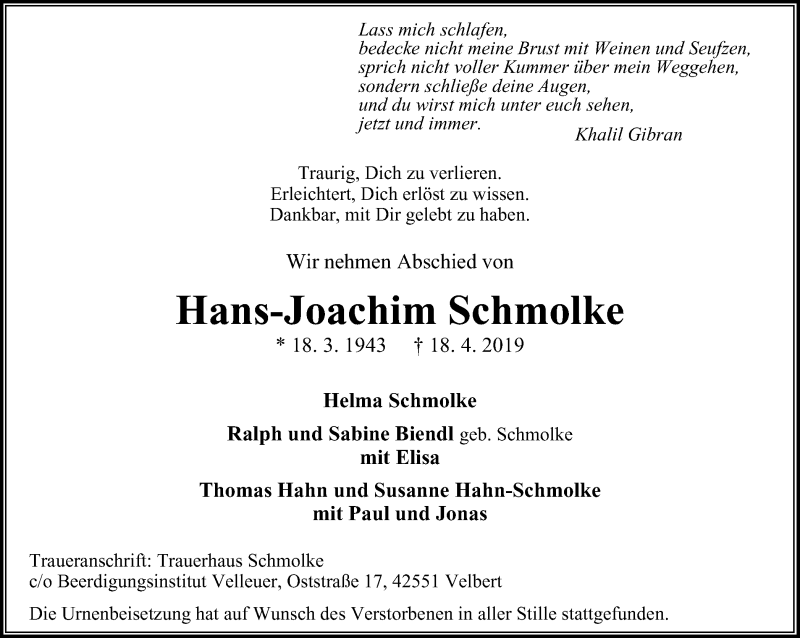  Traueranzeige für Hans-Joachim Schmolke vom 18.05.2019 aus Stadtanzeiger Velbert + Heiligenhaus