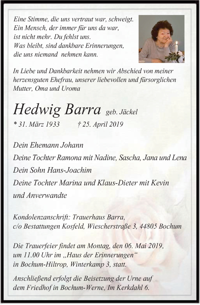  Traueranzeige für Hedwig Barra vom 04.05.2019 aus Stadtspiegel Bochum