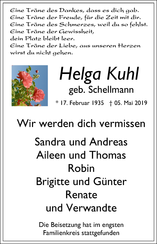  Traueranzeige für Helga Kuhl vom 11.05.2019 aus Mülheimer Woche