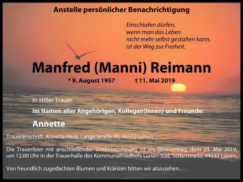  Traueranzeige für Manfred Reimann vom 15.05.2019 aus Lüner Anzeiger