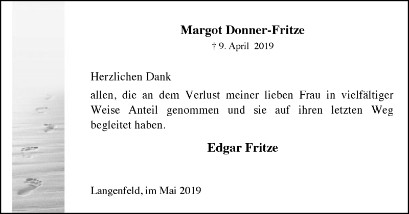  Traueranzeige für Margot Donner-Fritze vom 18.05.2019 aus Wochen-Anzeiger Langenfeld/Monheim/Hilden