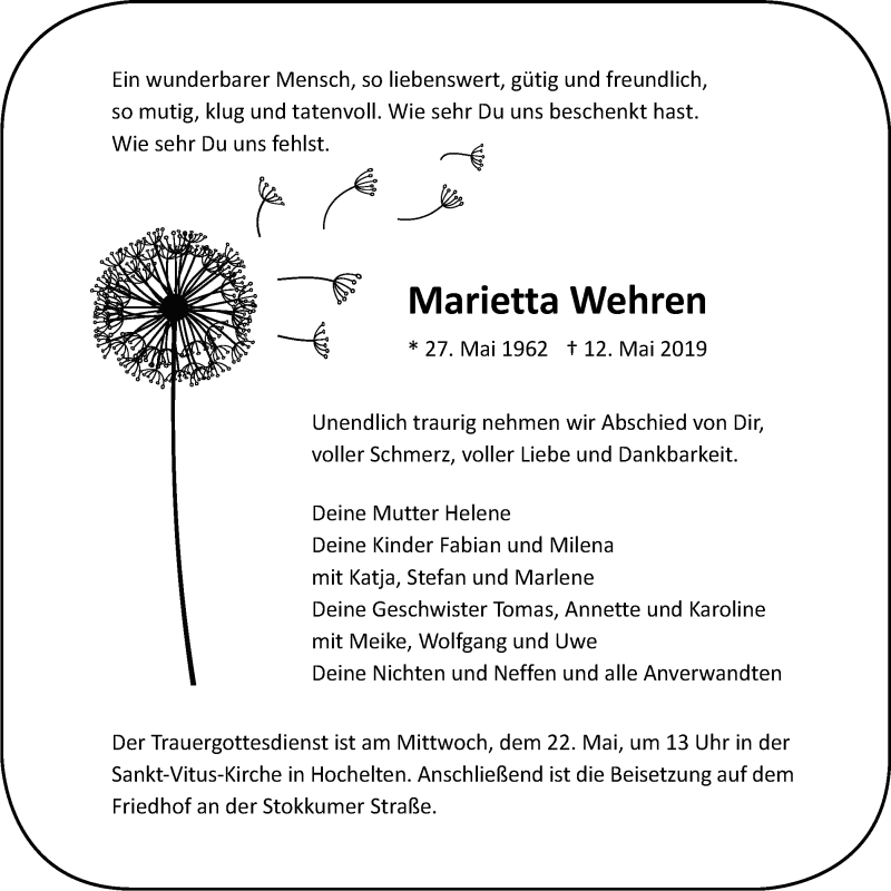  Traueranzeige für Marietta Wehren vom 18.05.2019 aus Stadtanzeiger Emmerich/Rees/Isselburg