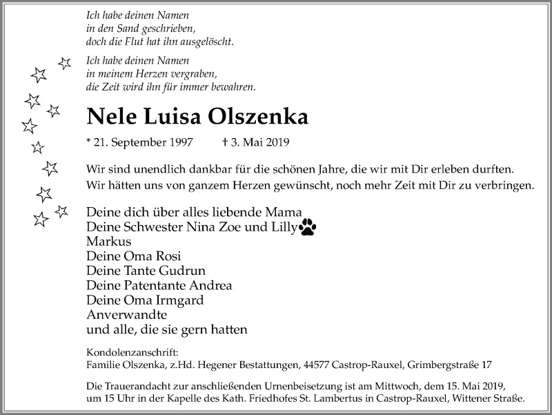  Traueranzeige für Nele Luisa Olszenka vom 11.05.2019 aus Wochenblatt Herne/Wanne-Eickel