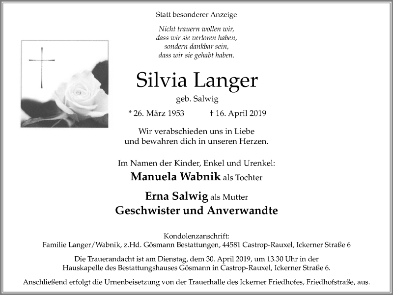  Traueranzeige für Silvia Langer vom 20.04.2019 aus Stadtanz.Castrop-Rauxel