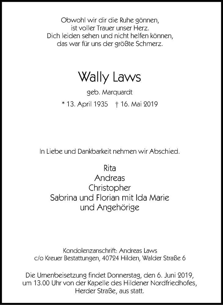  Traueranzeige für Wally Laws vom 25.05.2019 aus Wochen-Anzeiger Langenfeld/Monheim/Hilden