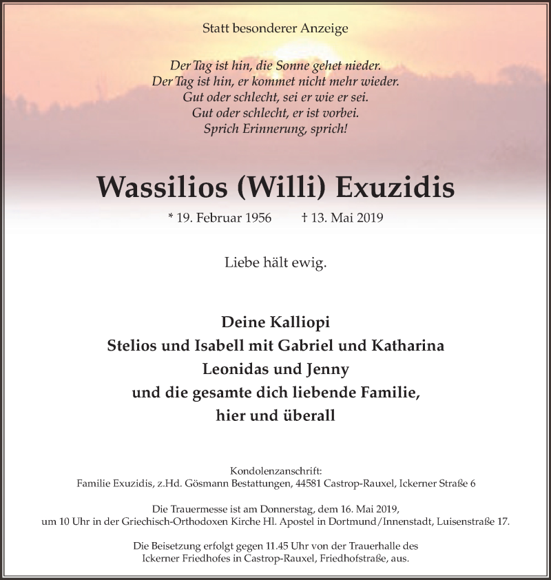  Traueranzeige für Wassilios Exuzidis vom 15.05.2019 aus Stadtanz.Castrop-Rauxel