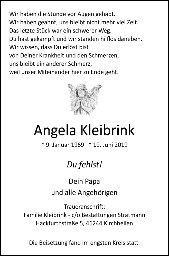  Traueranzeige für Angela Kleibrink vom 26.06.2019 aus Stadtspiegel Bottrop