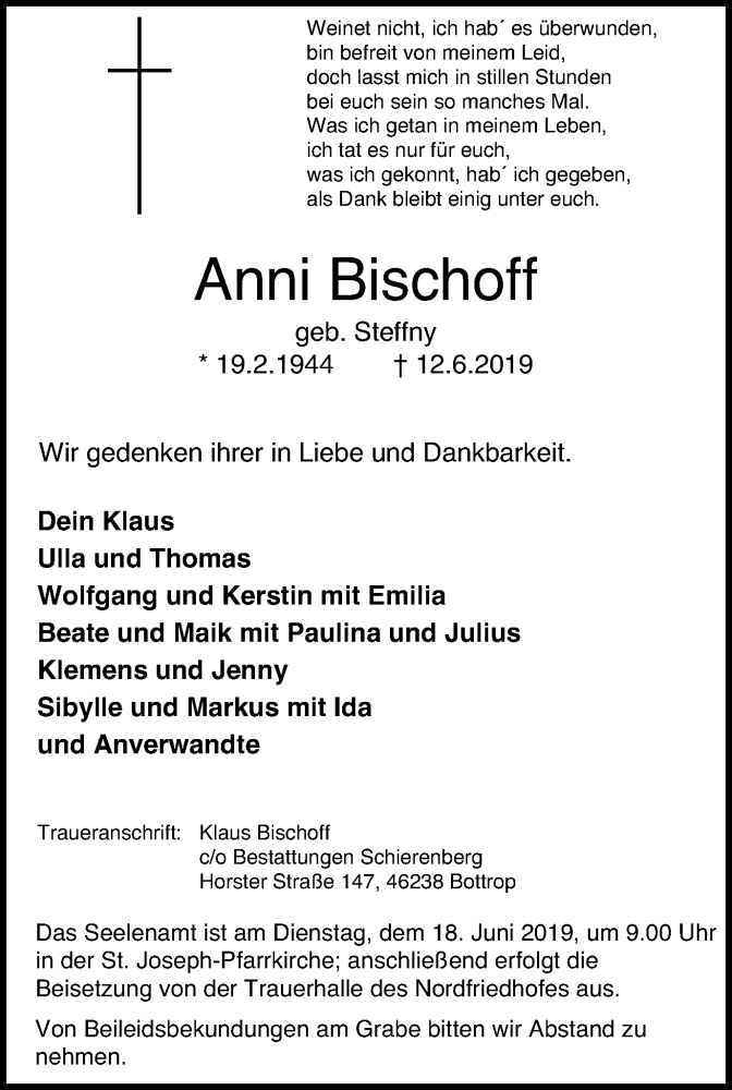  Traueranzeige für Anni Bischoff vom 15.06.2019 aus Stadtspiegel Bottrop