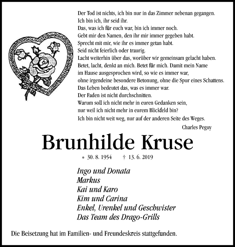  Traueranzeige für Brunhilde Kruse vom 19.06.2019 aus Wochen-Anzeiger Oberhausen