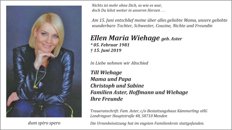  Traueranzeige für Ellen Maria  Wiehage vom 29.06.2019 aus Stadtspiegel Menden + Froendenberg