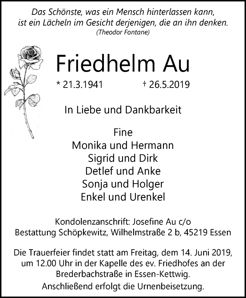  Traueranzeige für Friedhelm Au vom 05.06.2019 aus Kettwig Kurier