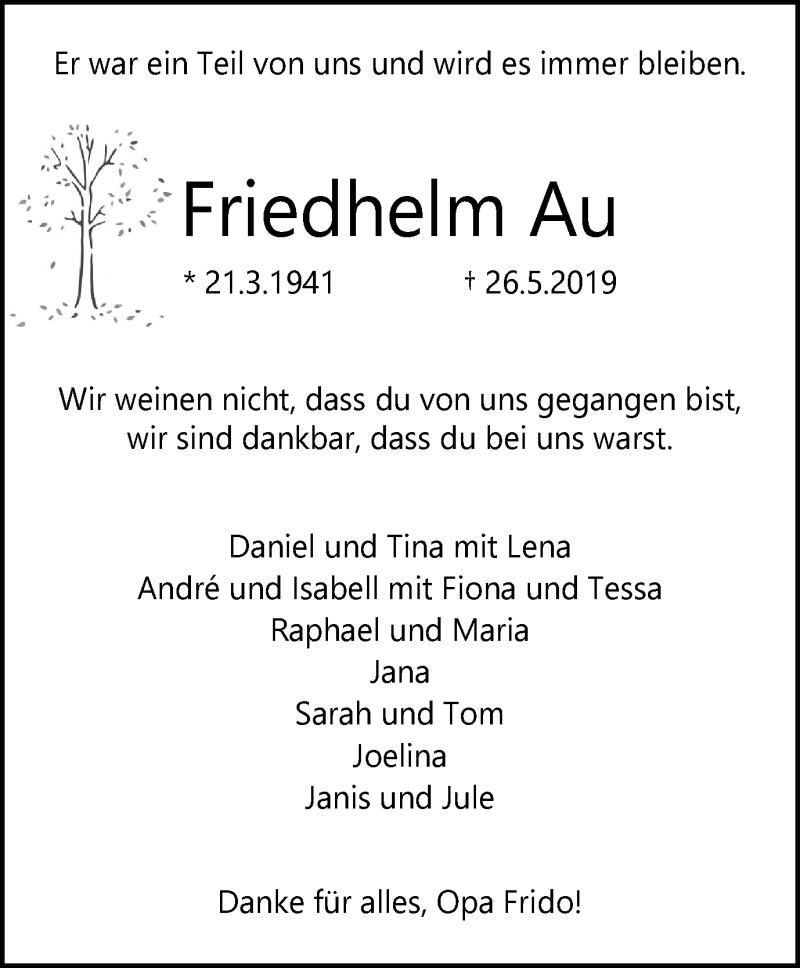  Traueranzeige für Friedhelm Au vom 05.06.2019 aus Kettwig Kurier
