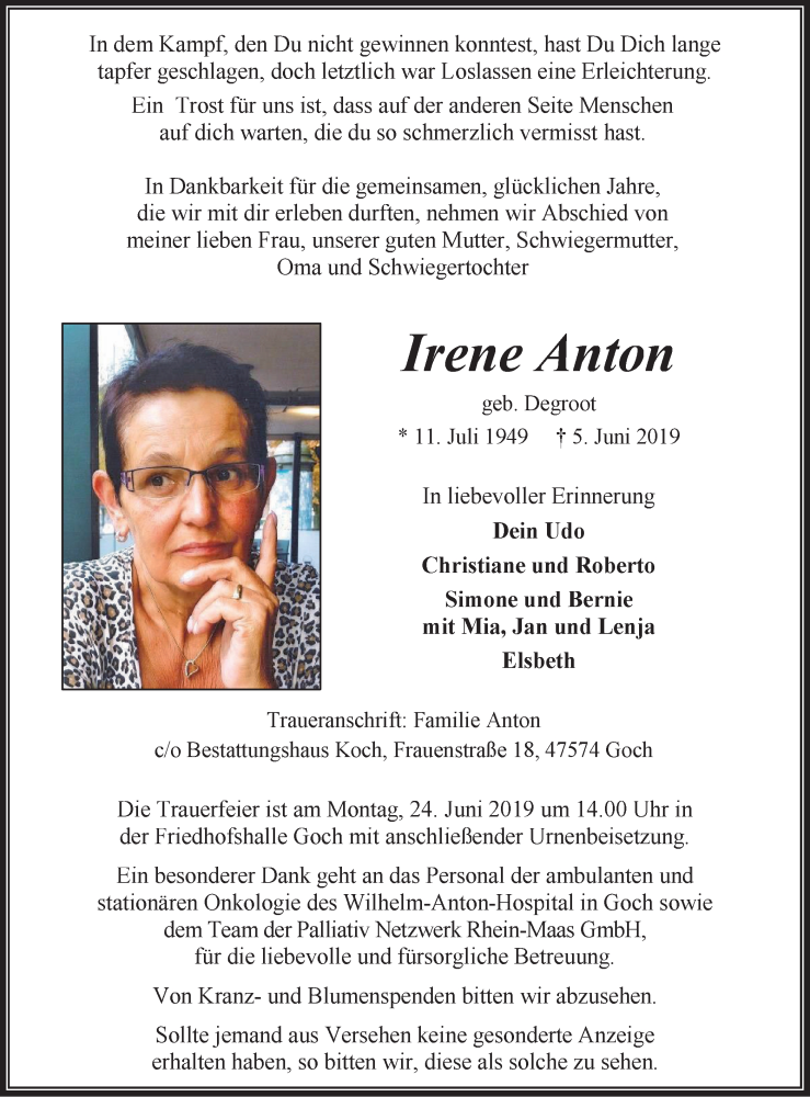  Traueranzeige für Irene Anton vom 15.06.2019 aus Gocher Wochenblatt