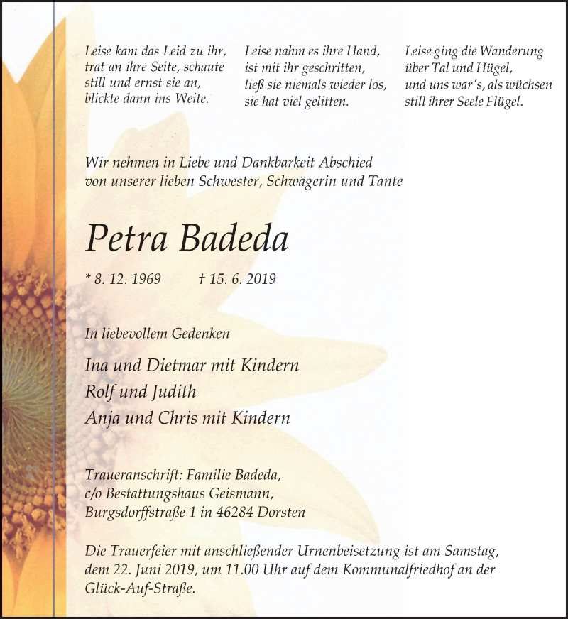  Traueranzeige für Petra Badeda vom 19.06.2019 aus Stadtspiegel Haltern + Dorsten