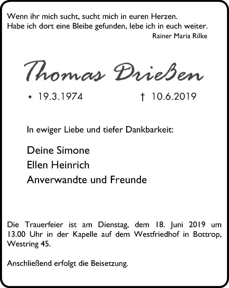  Traueranzeige für Thomas Drießen vom 15.06.2019 aus Wochen-Anzeiger Oberhausen