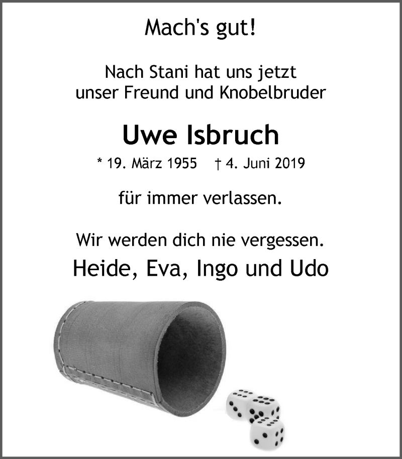  Traueranzeige für Uwe Isbruch vom 08.06.2019 aus Stadtanz.Castrop-Rauxel
