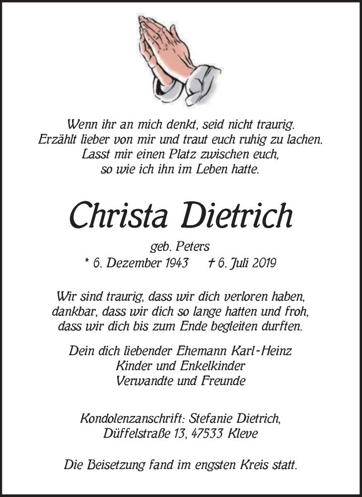  Traueranzeige für Christa Dietrich vom 17.07.2019 aus Klever Wochenblatt